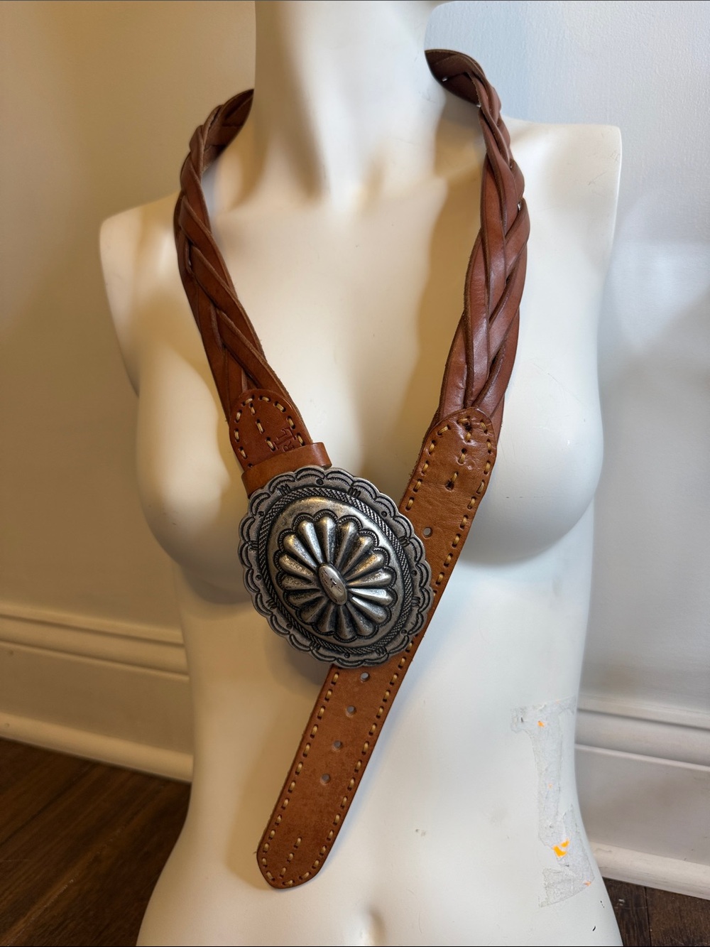Vintage Ralph Lauren Concho Leather Belt Size S Brown Braided Leather Western - Picture 5 of 11